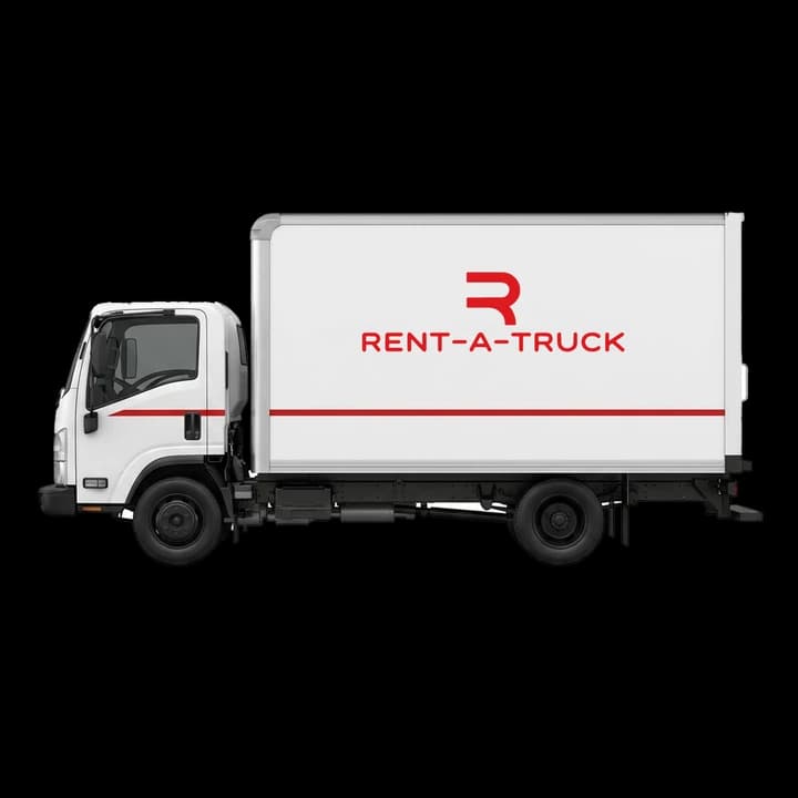 White box truck with the Rent-A-Truck logo on the cargo box